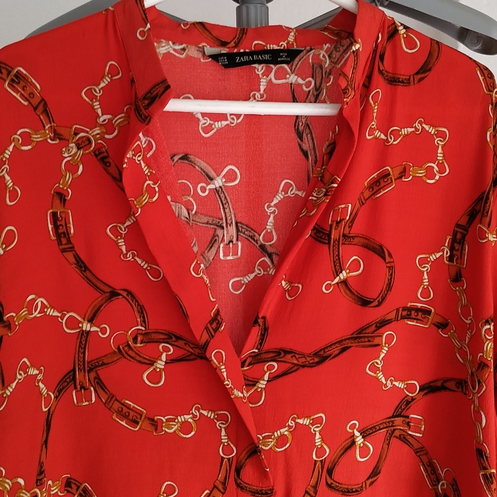Zara Red Chain print shirt Dress - Picture 4 of 12